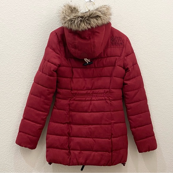 SUPERDRY Tall Marl Toggle Puffle Jacket Burgundy Puffer Hooded Coat Size 2 US - Picture 7 of 16